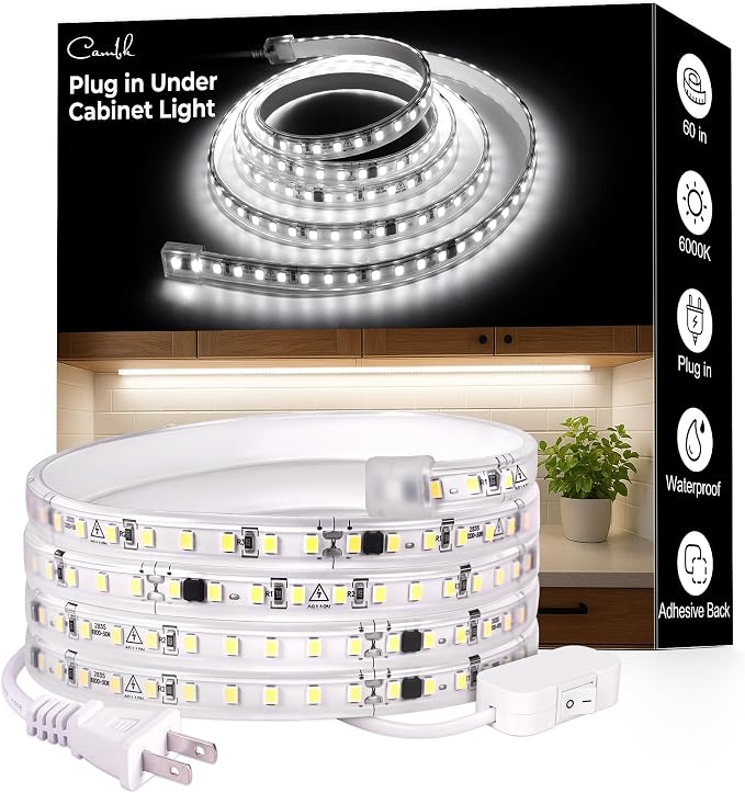 60inch Plug in Under Cabinet Lighting Strip for Kitchen, 120V Bright LED Under Counter Lights 6000k White Slim, Luces para Cocina Bajo Gabinete Under Shelf Wired Light for Sink/Workbench/Bookshelf
