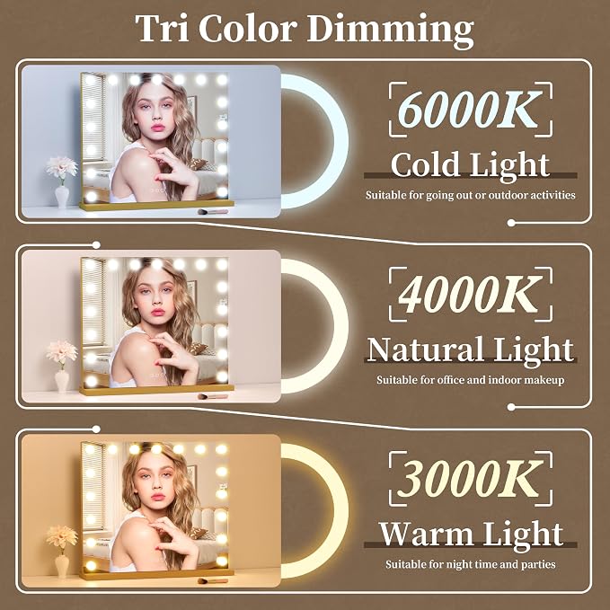 Vanity Mirror with Lights 23.6''x20.5'' Makeup Mirror with Lights Lighted Up Mirror with Dimmable Bulbs,3 Color Lighting Modes,USB Charging Port Touch Control Design Gifts for Women Gold