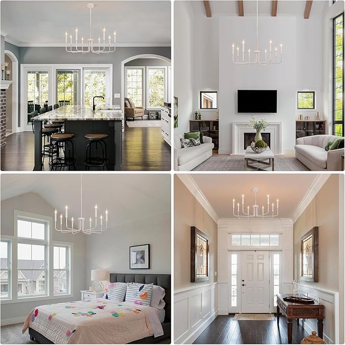 French Country Chandelier, 8-Light Farmhouse Chandelier for Dining Room, Antique White Chandelier Light Fixtures, Candle Hanging Pendant Lights for Kitchen Living Room Bedroom Foyer