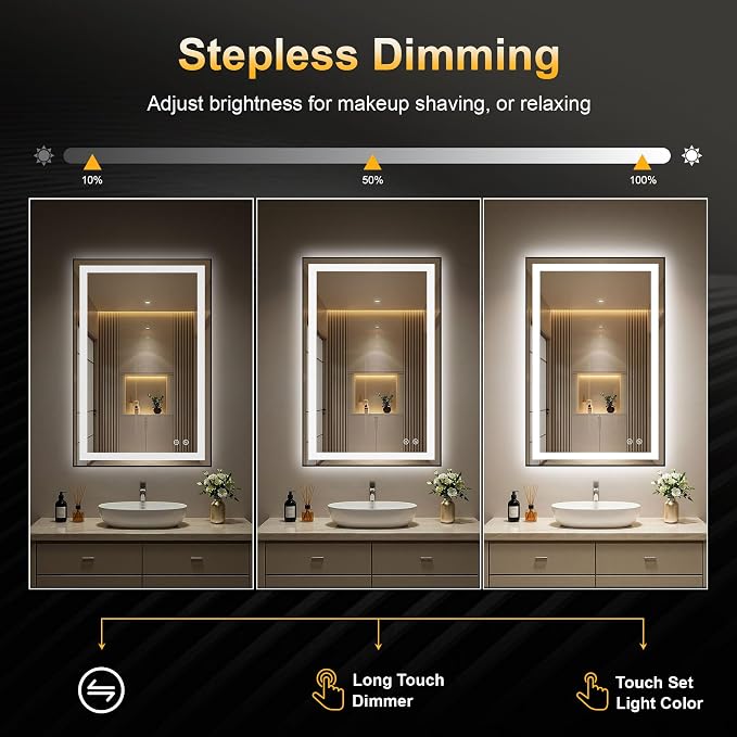 LED Bathroom Mirror with Light, 24x36 Vanity Mirror for Wall with Frame | Anti-Fog, Dimmable 3 Colors, Memory Function, Backlit and Front Lit, Shatter-Proof Glass, Plug-in/Hardwired