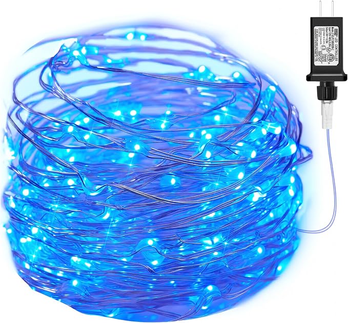 Minetom Fairy Lights Plug in, 33Ft 100 LEDs Waterproof Silver Wire Firefly Lights, Adaptor Included, Starry String Lights for Wedding Indoor Outdoor Christmas Patio Ramadan Decorations, Blue
