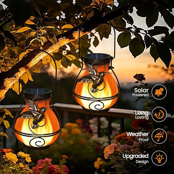 2 Pack Solar Lanterns Outdoor Waterproof , Metal Hummingbird Flickering Flame Solar Lights, Hanging Decorative Lantern for Patio Garden Porch, Gifts for Women, Mom