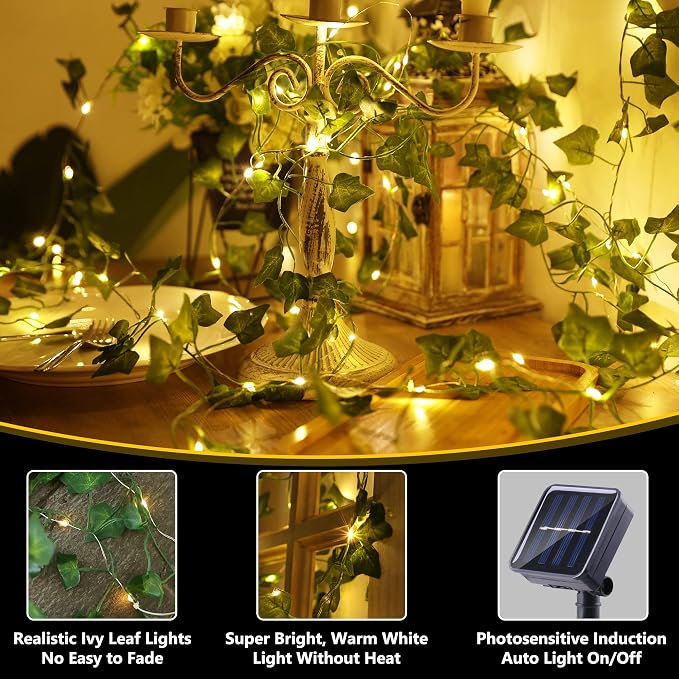Brizled Solar String Lights, 33ft 100 LED Outdoor Ivy Vine Fairy Lights | 8 Modes; Artificial Leaf Solar Plant Vine Lights; Outdoor Ivy Fairy Light for Outside Wedding Garden Fence Wall Hanging Decor