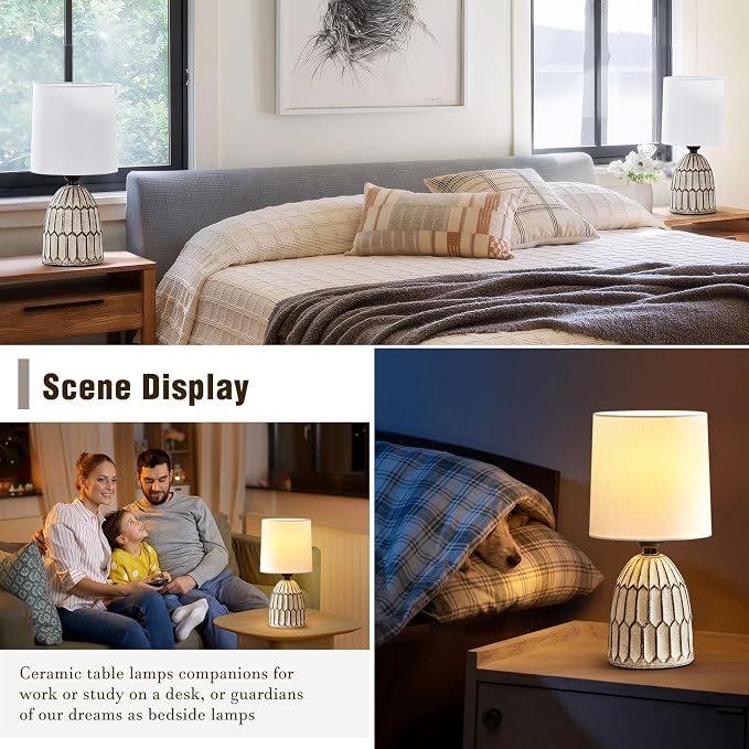 EJIAXIN Table Lamps Set of 2-13.5" Small Boho Lamp - Bedside Lamps - Farmhouse Rustic Ceramic Table Lamp for Bedroom, Living Room, Nightstand, Office, Side Desk Lamp, End Table Lamp