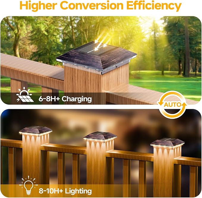 4 Pack 4x4 Solar Post Light, 3 Modes Wooden Vinyl Fence Cap, Brown | 3 color temperatures, Waterproof LED Solar Post Lights, Patio Porch Decor, Only Fit Two True Size Post: 3.5''x3.5'', 4''x4''