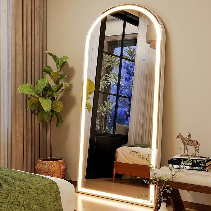Arched LED Full Length Mirror - 65"x26" Full Body Standing Mirrors | Floor Mirror with Light, Shatterproof Tempered Glass-Dimmable & 3 Color Lighting/Wall Mounted Mirror for Bedroom/Cloakroom