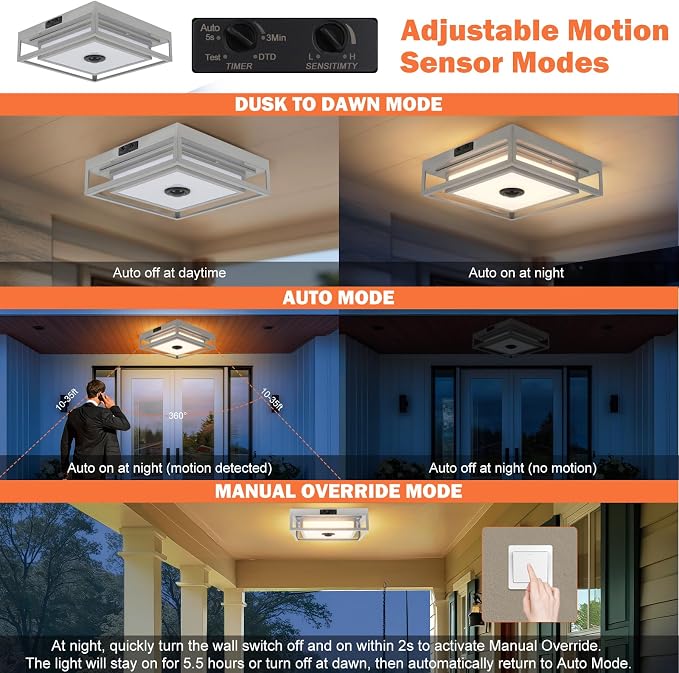 Gray Motion Sensor LED Outdoor Ceiling Light 10.5" Square Dusk to Dawn | Flush Mount, Built-in LED, Color Changing, Energy Saving, Waterproof, Bug Resistant, for Exterior Porch Garage Entryway Patio
