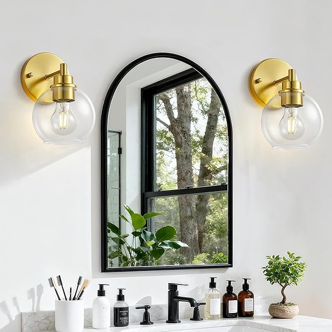 Gold Bathroom Vanity Lights, 1-Light Wall Sconce with Glass Globe Shade, Vanity Lighting for Bathroom/Bedroom/Dressing Room, Vertical/Horizontal Mounted, E26 Bulb Base (Bulb Not Included)