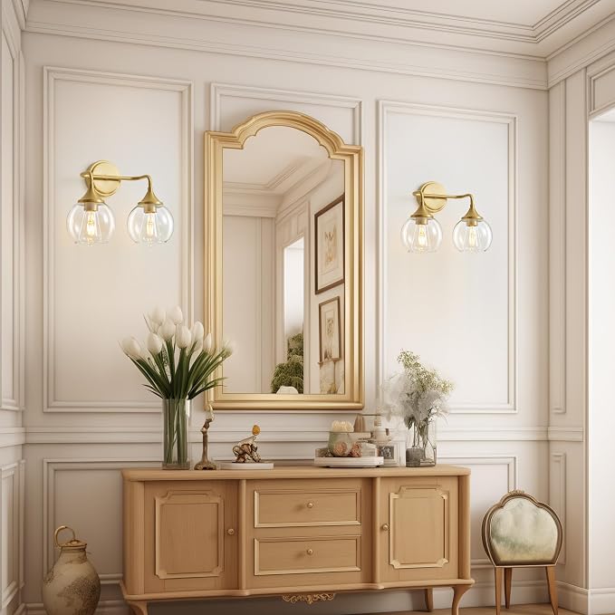 Gold Bathroom Vanity Light 2-Light Modern Vanity Lights 14" | Farmhouse Vanity Lighting Fixtures Over Mirror, Thickened Clear Glass Shade, UL E26 Dimmable Vanity Light Fixtures