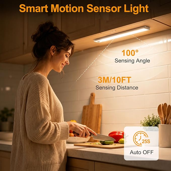 Zhuanxu 12inch Under Cabinet Lighting Wireless, Closet Light, Rechargeable LED Motion Sensor Indoor, 3 Color Temps&4 Modes Kitchen Light, Long Lasting, Stick-On Magnetic Led Lights for Bedrooms, 2PC