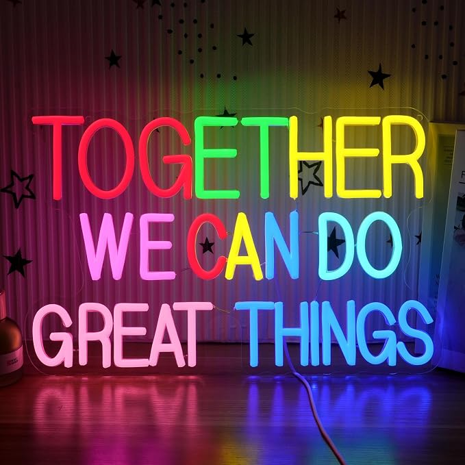 Together We Can Do Great Things Neon Sign Multicolor Encourage Letter Neon Light for Wall Decor Dimmable Positive Affirmation LED Light Sign for Wedding Party Store Home Birthday (16.54*10.63)