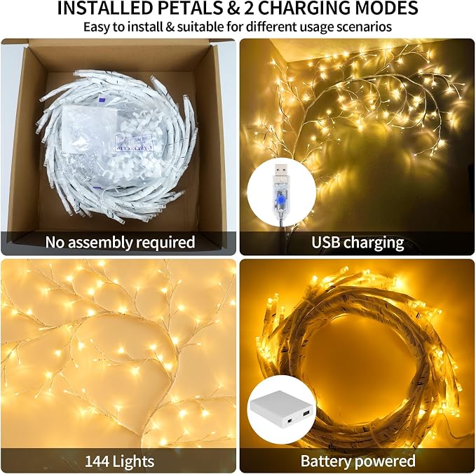 FNHMSL Enchanted Willow Vine Lights, 7.55FT 144LED 2 PCS White Tree Branch Lights for Wall, Remote Timer,8 Light Model,Bedroom Wall Doors Wedding, Christmas, USB Battery Box