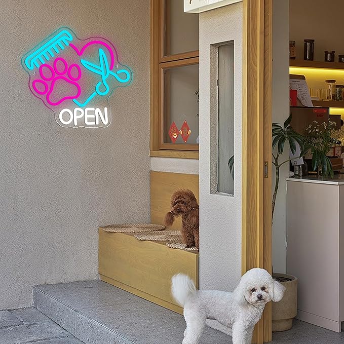 Mutank Pet Shop Open Neon Sign, Paw Neon Light USB Powered LED Dimmable Scissors Sign, for Pet Shop Business Sign Pet Spa Pet Salon Animal Clinic Decor Pet Grooming and Welcome Sign(13.3 * 12.2 In)