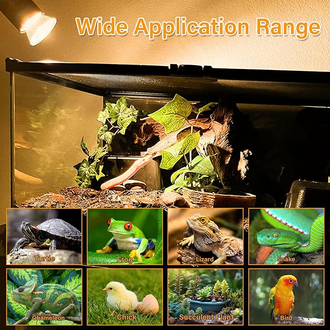 Reptile Heat Lamp, Double-Head Heat Lamp with Clamp, Cycle Timer, Dimmable UVA UVB Basking Light for Turtle Tortoise Lizard Snake Bearded Dragon, 4 Bulbs (2PCS 25W+2PCS 50W)