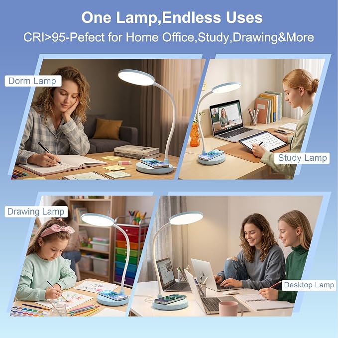 Blue Desk Lamp, Table Lamp with Wireless Charger, 800LM, CRI95+ | 3 Color Modes, Stepless Dimming, Small Desk Lamp with Adjustable Neck, Desk Light for Reading, Bedside, Dorm, with Adapter