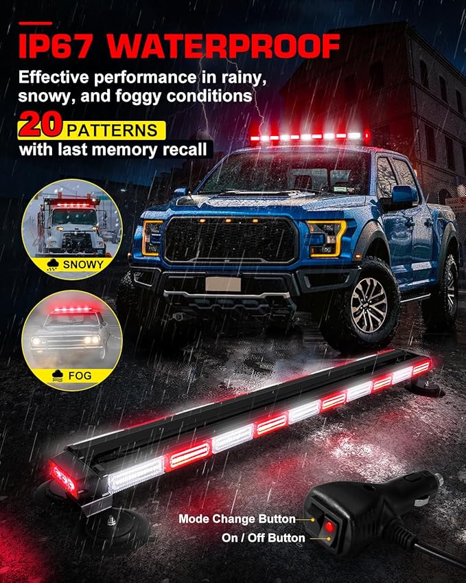 42" Rooftop 206 LED Emergency Traffic Security Light bar Strobe Beacon Lights Bar Magnetic Base Warning Flashing Light for Construction Vehicles Trucks Postal Mail Carrier Snow Plow, Red/White
