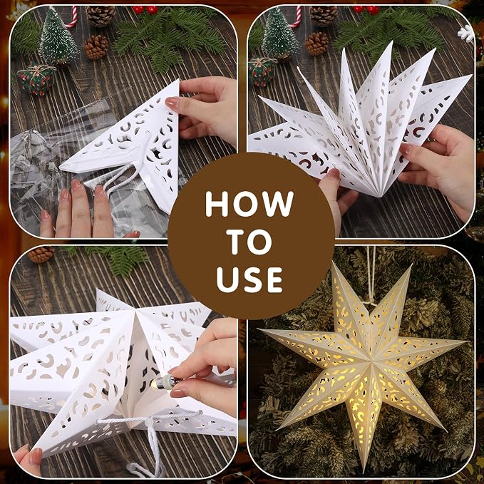 12 Pcs 14in Paper Star Lantern with 7 Pointed LED Lights for Xmas, Wedding, Holiday, Birthday Party Celebration(White)