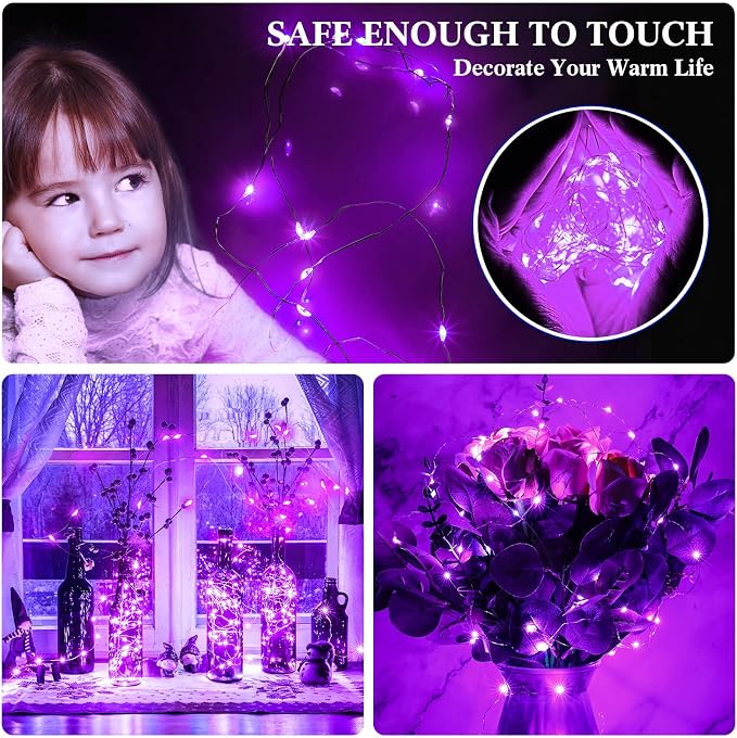 100 Packs Fairy Lights Battery Operated 3 Speed Modes, 7 Ft/ 2 M 20 LED Battery String Mini Waterproof Wire Twinkle Lights Bulk for Wedding Party Birthday Vases Decor (Purple Light)