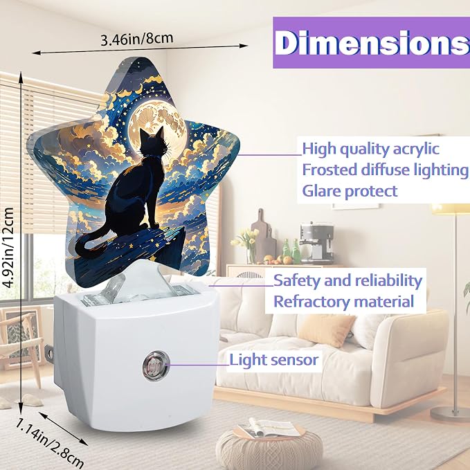 Black Cat Night Lights Plug Into Wall Decorative,Fantasy Moon Night Sleep Friendly Lamp, Energy Efficient Dusk-to-Dawn Sensor Nightlights for Kid Bedroom Nursery Bathroom
