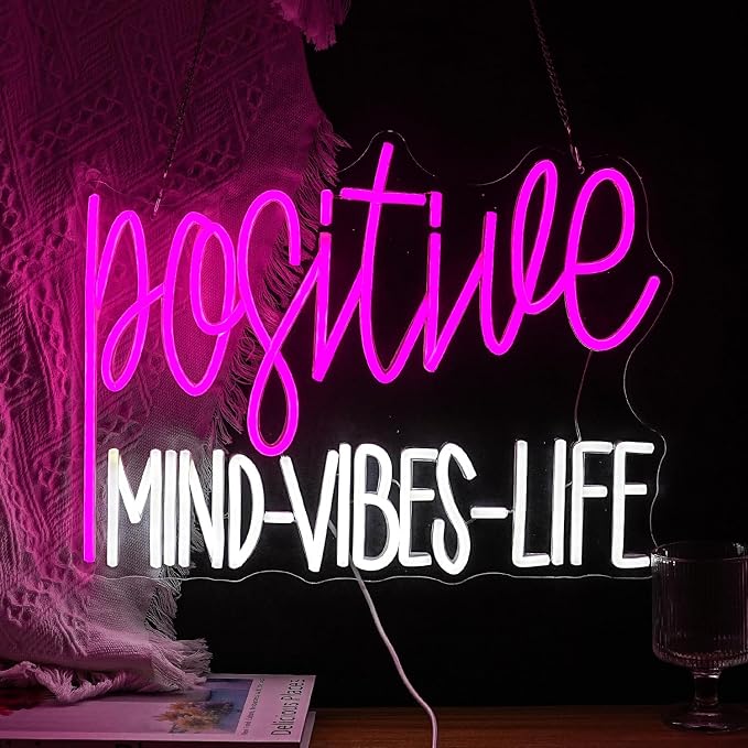 Positive Mind Vibes Life Neon Sign Pink White LED Neon Light for Wall Decor Dimmable Positive Light Up Sign for Classroon Office Girls Living Room Home Bar Club Salon (16.5''*12.6'')