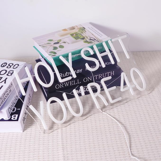 40th Birthday Neon Lights Holy Shit You're 40 LED Signs Forty years old for 40th Wedding Anniversary Party Decorations Warm LED Light for Wife, Mom, Daughter, Sister, Aunt