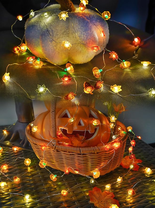 Fall Decor 3D Pumpkin Acorn Maple Leaf Fairy Lights Battery Operated Remote | 10FT 30 LED, 8 Modes & Timer, IP44 Waterproof Twinkle String Lights for Indoor Outdoor Harvest Thanksgiving Halloween Decor