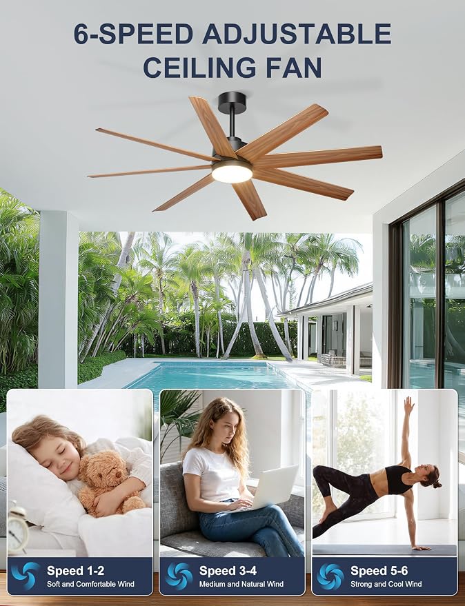 Ohniyou 60" Modern Farmhouse Ceiling Fan with Light for Patio, Living Room | Remote/App Control, Quiet DC Motor, 3CCT Dimming, Covered Outdoor Fan with 8 ABS Blades, Black and Wood Color