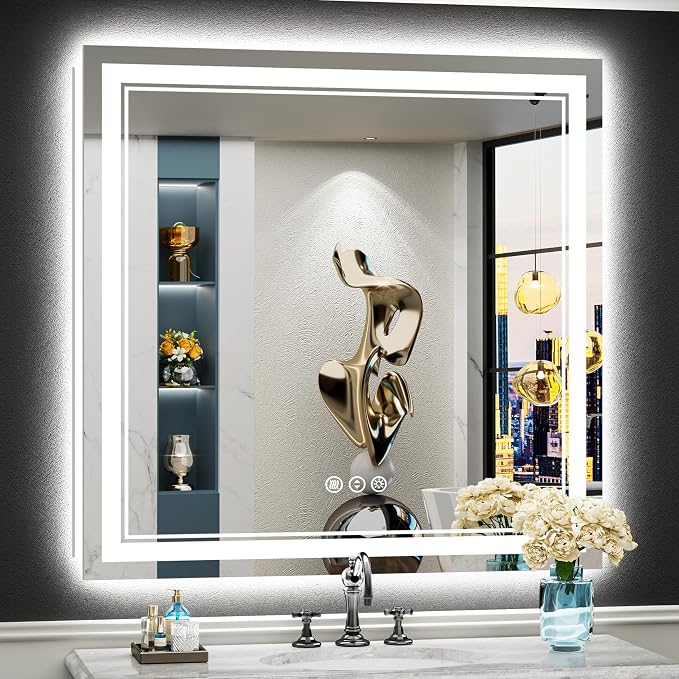 38x38 LED Bathroom Mirror, Backlit & Front Lit Lighted Mirror | Anti-Fog Vanity Mirror with Lights, 3 Color Dimmable, Memory, HD Tempered Glass, CRI95, IP54, UL Listed, Horizontal/Vertical