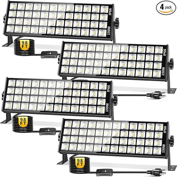 150W 18000LM Shop Light Bay Lighting, IP66 for Garage Workshop, 4 Pack | LED Garage Light Plug in Ultra Brighter with Switch+9.84FT Cord, 6000K Waterproof Outdoor for Warehouse Factory Workbench