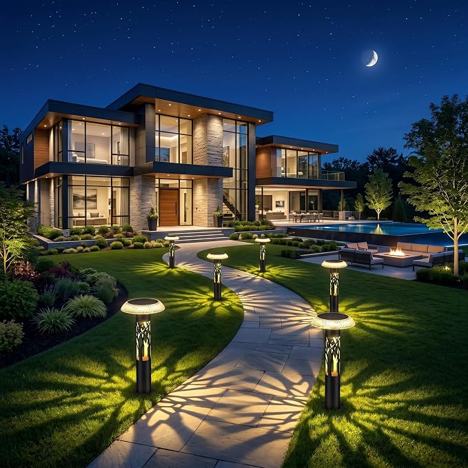 Eyrosa Solar Pathway Lights, Large Outdoor Garden Decor Stainless Steel Lights with Elegant Pattern, Dual-Zone Lighting, 8 Color Modes, IP55 Waterproof Landscape Lighting for Yard Walkway, 6 Pack