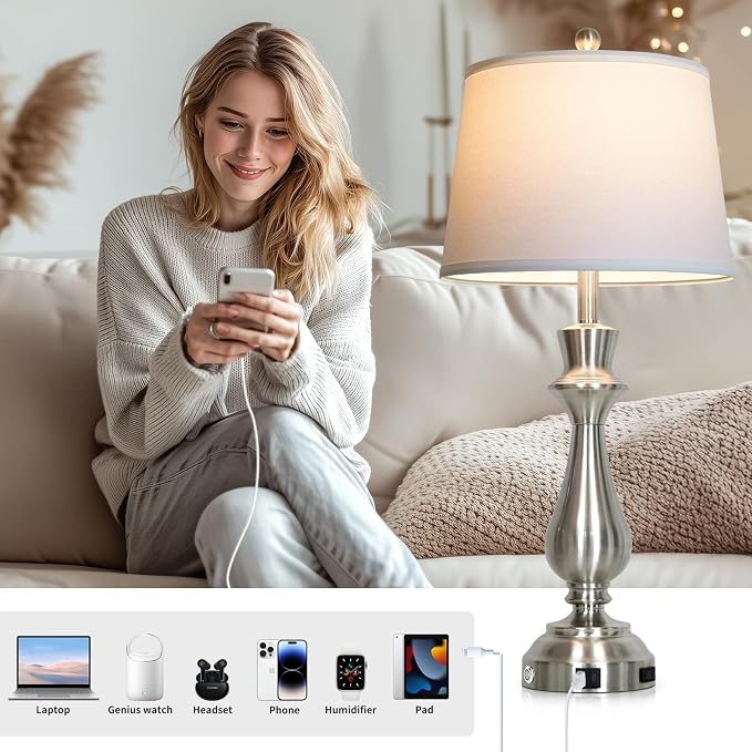 Modern Silver Table Lamp for Living Room,30" Tall Bedside Lamp with USB Charging Port,3-Way Dimmable Touch Nightstand Lamp for Bedroom Desk Side Table Office,Silver-1P