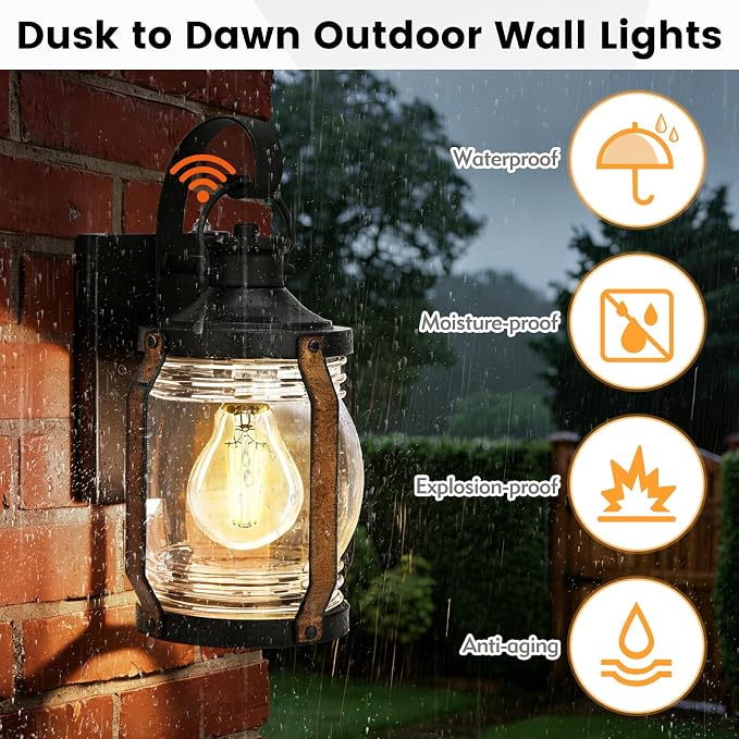 b&k Jasmine Dusk to Dawn Outdoor Wall Sconce Lights, Outdoor Porch Lights Wall Mount 2 Pack, Black Modern Farmhouse Outside Wall Lantern, Waterproof Exterior Garage Lights Fixture for House, E26