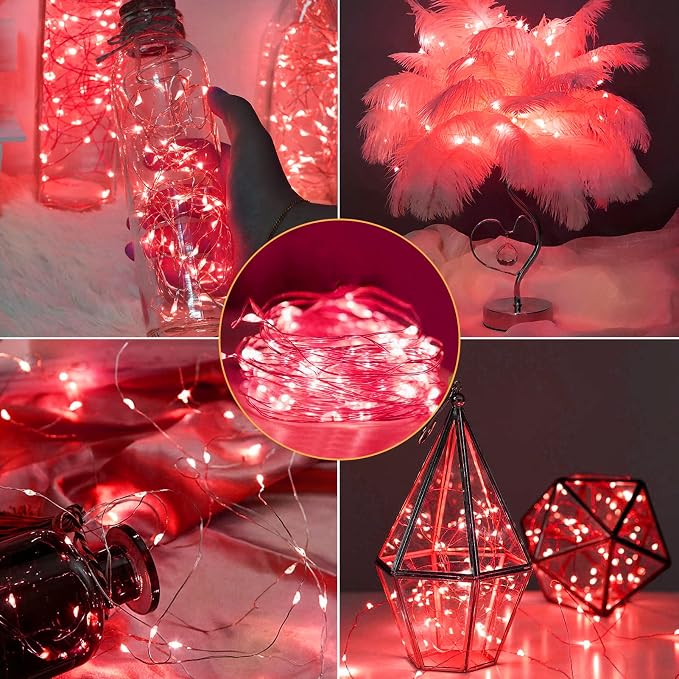 12 Pack Fairy Lights Battery Operated 7FT 20LED Silver Wire String Lights | Waterproof Red Christmas Lights Outdoor, Firefly Mini Lights for Bedroom Party Birthday Wedding Indoor Decorations Home Decor