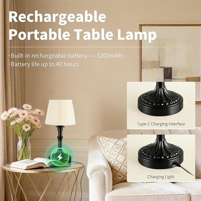 Mr.White Set of 2 Rechargeable Cordless Table Lamp with Fabric Shade, 5200mAh Battery Operated LED Table Light, for Restaurant Kitchen Patio Dinner Dining (Black)