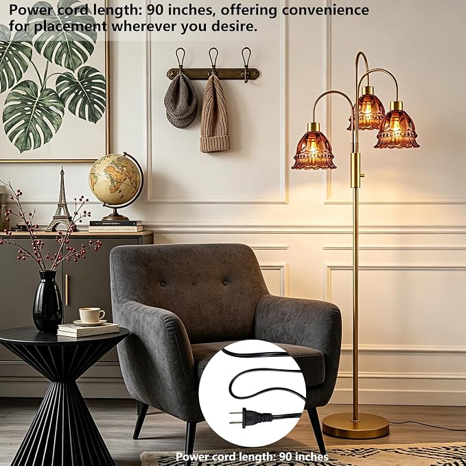 3-Light Glass Floor Lamp with Deep Red Ribbed Glass Shades, 70" Gold Dimmable Tall Standing Lamp with 3PCS 3000K Warm White Bulbs, Modern Tree Pole Lamp for Living Room Bedroom Home Office Corner