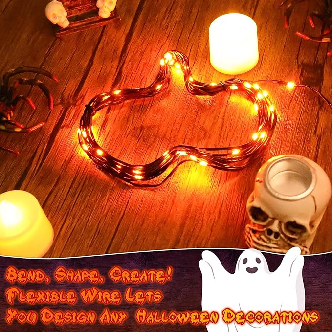 Orange Fairy Lights Battry Operated with Timer Waterproof, Halloween String Lights for Outside 16.4ft 50LED Indoor Outdoor Halloween Decorations Garland Party Patio Garden Yard Pathway 2 Packs