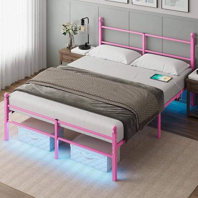 Queen Size Bed Frame with Headboard - Metal Platform Bed with LED Lights, Charging Station, Under Bed Storage and Heavy Duty Steel Slats Support - No Box Spring Needed, Easy Assembly, Pink