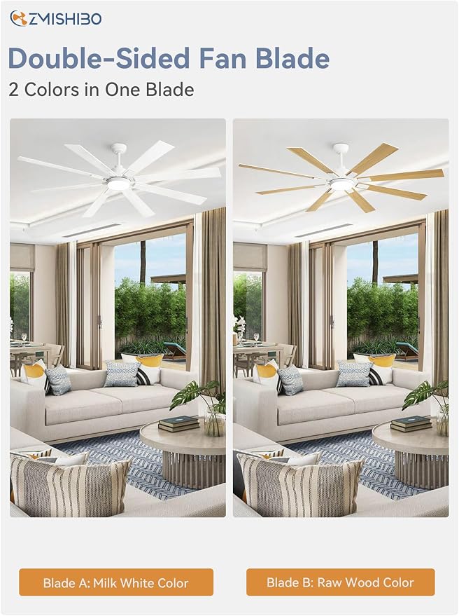 ZMISHIBO 72 inch White Ceiling Fans with Lights and Remote, Indoor/Outdoor Ceiling Fan for Patio Living Room, 6 Speed Reversible Quiet DC Motor, 3 CCT, Dual Finish Blades