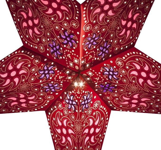 GalaxyArts Paper Star Lanterns, 24 Inch Red Chakra 3D Light-Up Hanging Lamp, Handcrafted Hollow Out 5-Point Star Decoration for Christmas, Wedding, Birthday, Parties, Indoor Outdoor Holiday Home Décor