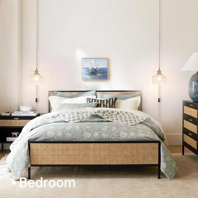 Plug in Pendant Light Hanging Light Fixtures with Plugin Cord On/Off Switch,Clear Striped Glass Lampshade Brass Pendant Light