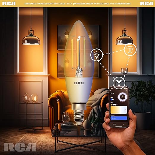 RCA WiFi Smart Light Bulbs Alexa Devices Compatible, Google Home, Amber B11 Vintage LED Light Bulb, 4W (40W Eq), 320 Lumens Dimmable LED Light Bulbs, Control with Smartphone, Tunable