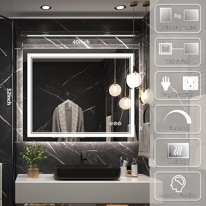 Ratsamee 40x32 Inch Led Mirror for Bathroom with Front Light and Backlit, Bathroom Mirror with Led Lights, Vanity Mirror with Lights for Wall, Anti-Fog, Dimmable, Memory Function, Tempered Glass
