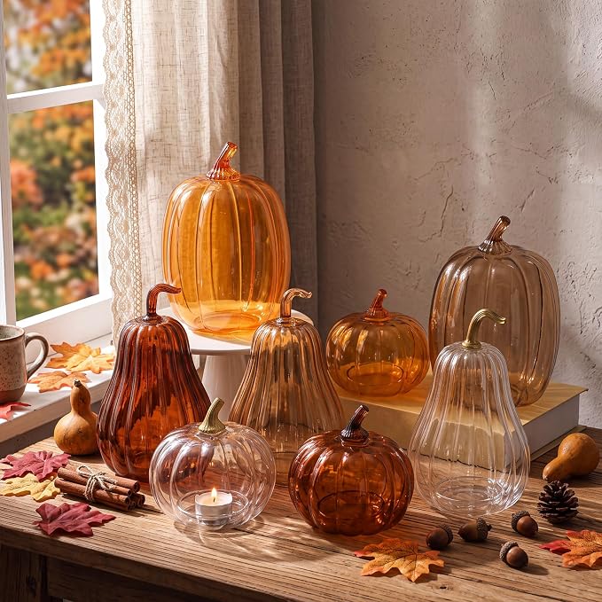 Yungyan Set of 3 Glass Pumpkin Lamp Shades Fall Decor,Brown | Pumpkin Candle Holder Rustic Thanksgiving Halloween Autumn Mantel Table Centerpiece Home Decoration, Lights Not Included