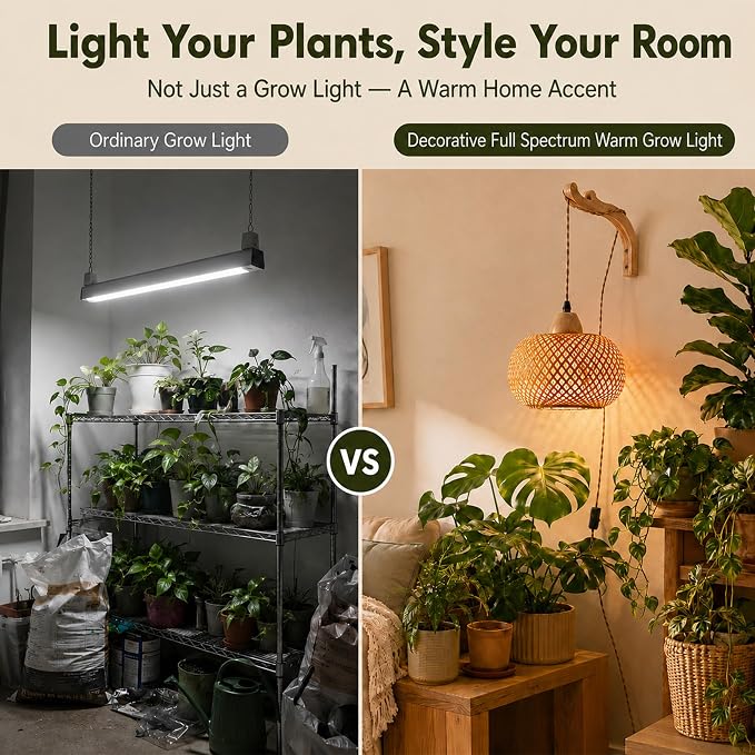 Wall Mounted Grow Lights for Indoor Plants with Timer, Hanging Light | 3500K Full Spectrum Pendant Grow Light, Rattan Shade Decorative Plant Light, 19.7FT Cord for Living Room Corners Plants