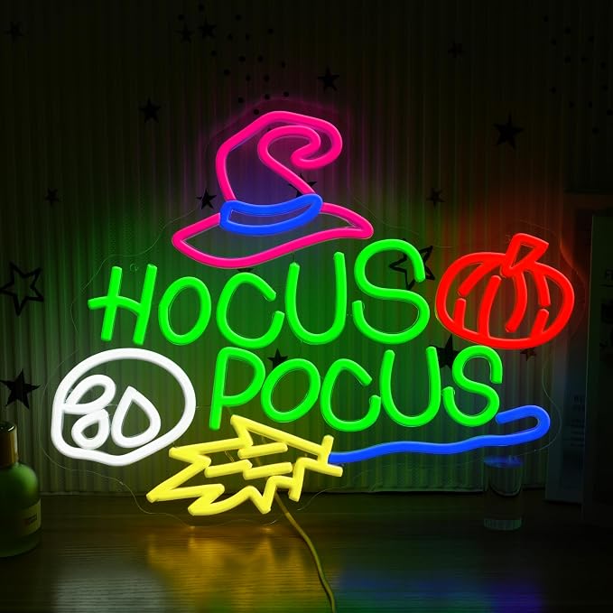Hocus Pocus Halloween Neon Sign for Wall Decor Mysterious Witch Hat LED Neon Sign Skull Light Up Sign for Bedroom Halloween Decoration Bar Party Gift（16.54 * 12.6in）