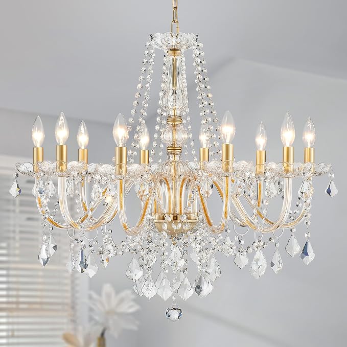 Large Crystal Chandelier, Modern Gold Crystal Chandeliers for Dining Room Light Fixture, 10-Lights Large Gold Pendant Light Fixtures Luxury Chandelier for Living Room Bedroom Foyer Entryway D26.8''