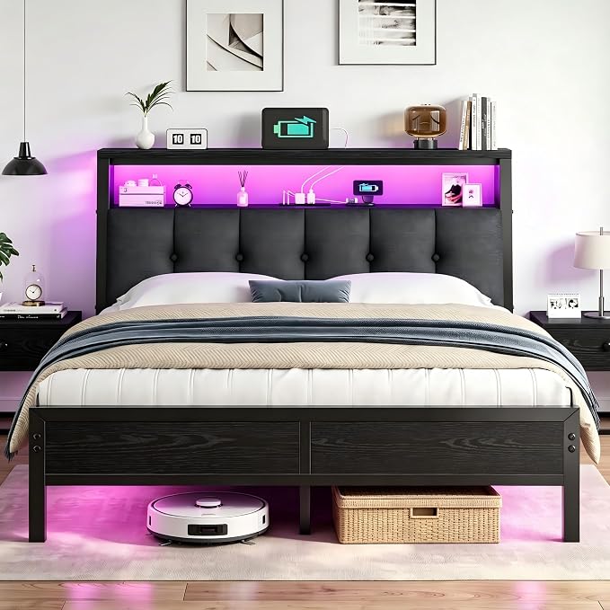 Homkdom Queen Bed Frame with Upholstered Headboard & Charging Station | 2 Outlet & 2 USB, LED Lights,12" Under-Bed Storage Noise-Free,No Box Spring Needed,Easy Assembly, Black