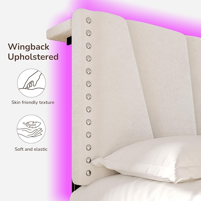 EnHomee Full Size Bed Frame with LED Lights & USB, Noise-Free, Beige | Adjustable Velvet Headboard，Under-Bed Storage，Heavy Duty Support with 12 Slats，No Box Spring Needed，Easy Assembly for Bedroom