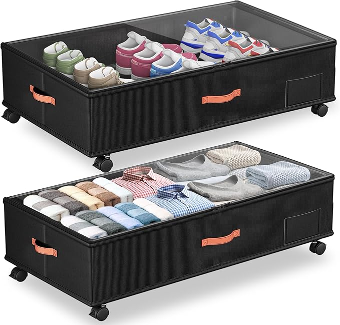 Under Bed Storage with Wheels,2-Pack Under Bed Storage Containers with Clear Lids,XXL Large Under the Bed Storage Organizer Bins With Handles,Space Saving Design for Clothes,Shoes,Books-Black2