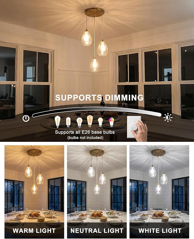 Brushed Gold 3-Light Pendant Lighting, Modern Dining Room Light Fixture Over Table with Hammered Glass, Cluster Hanging Lights for Kitchen Island Dining Room